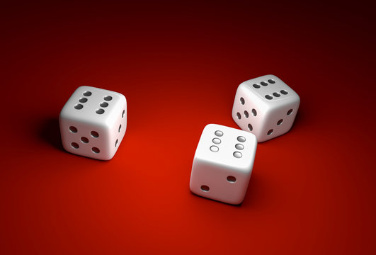 Three dice with number six on red casino background