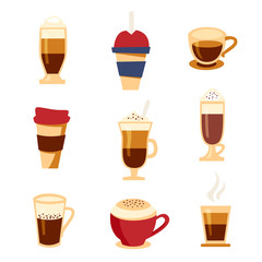 Coffee types icons set, flat style. Beverages menu