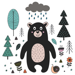 Bear in forest Scandinavian style. Poster, childish print, card - vector illustration, eps
