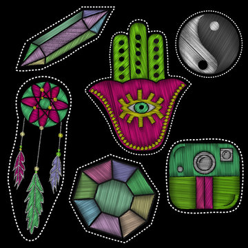 Embroidery set of patch badges with trendy boho elements.