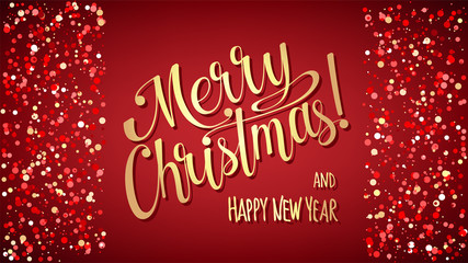 Merry Christmas and Happy New Year background with lettering and snowflakes, light, stars. Gold gradient text on red ground. For greeting and congratulation cards, banner. Vector Illustration.