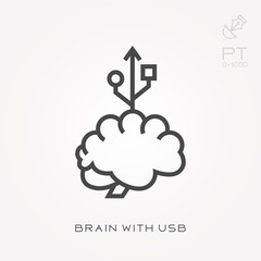 Line icon brain with usb