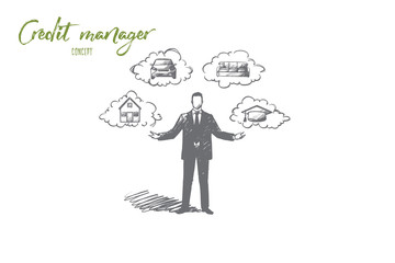 Credit manager concept. Hand drawn person proposes credits for buying house or car. Opportunities through credit isolated vector illustration.