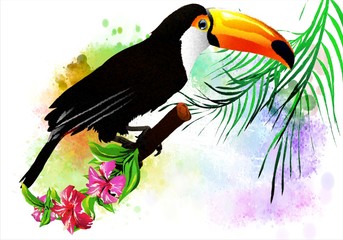 Tropical bird in flowers isolated on white background.