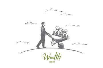 Wealth concept. Hand drawn person with a lot of money in wheelbarrow. Happy successful man isolated vector illustration.