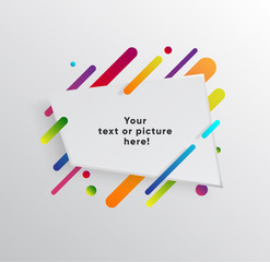 Vector background with paper card and abstract colorful shapes. Trendy neon lines and circles   wallpaper in a modern material design style.