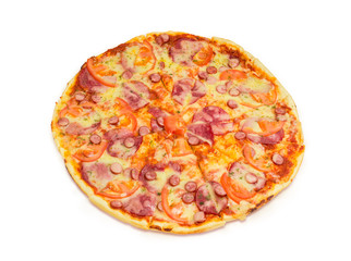 Pizza with different sausages on a white background