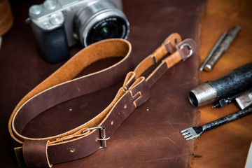 Mirrorless vintage camera with leather strap and tool of hand made