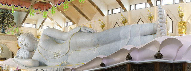 Panoramic image of the biggest white Italian marble reclining Buddha , Wat Pa Phu Kon temple, Udon...