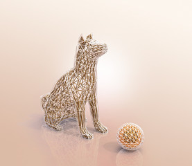 Wire frame of dog and ball  in low polygon style. 3D rendering image.
