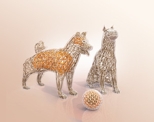 Dogs' wire frame shape in low polygon style. 3D rendering image.