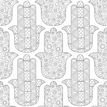 Hamsa hand. Black and white seamless pattern for coloring page. Decorative amulet for good luck and prosperity.