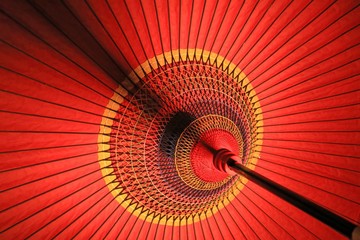 opening red handmade paper umbrella in japan culture
