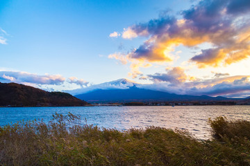 Mount Fuji view with Lake Kawaguchi and clear blue sky background in Kawaguchiko, Japan