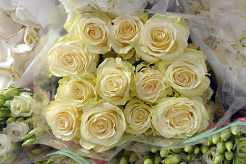 Bunches of white flowers. Florist. Floral compositions