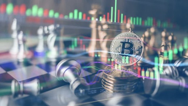 business strategy ideas concept with bitcoin and chess board game