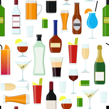 Cartoon Alcoholic Beverages Drink Seamless Pattern Background. Vector