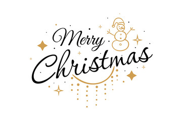 Obraz premium Merry Christmas card. Beautiful greeting winter banner poster calligraphy inscription gold text word, snowman, star, lights. Hand drawn design. Handwritten modern brush lettering background isolated