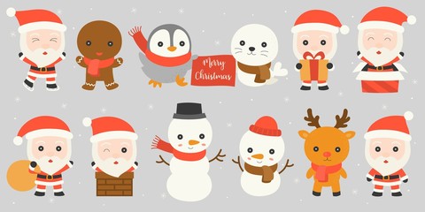 Set of Santa Claus such as in chimney, playing ice skate, holding present box with winter friends , snowman, reindeer, penguin, seal, ginger bread man on snowfall background in flat design