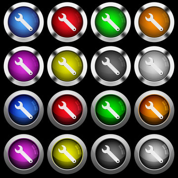 Single wrench white icons in round glossy buttons on black background