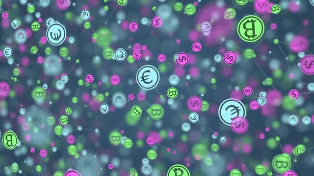 Animated bitcoin, euro and dollar currencies deals or transactions model. Loopable motion background