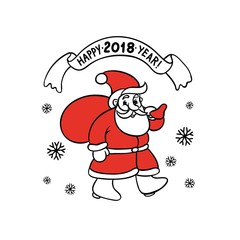 Cute vector sketch illustration of funny Santa Claus carries a bag with gifts and around snowflake. Design greeting card new 2018 year and handwritten letters. Style black contour on white background.