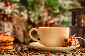 Cozy winter setting with cup of coffee