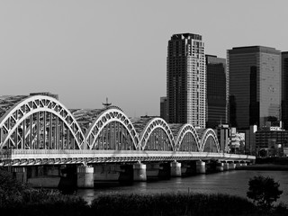 十三大橋と大阪キタの街並み（モノクロ）