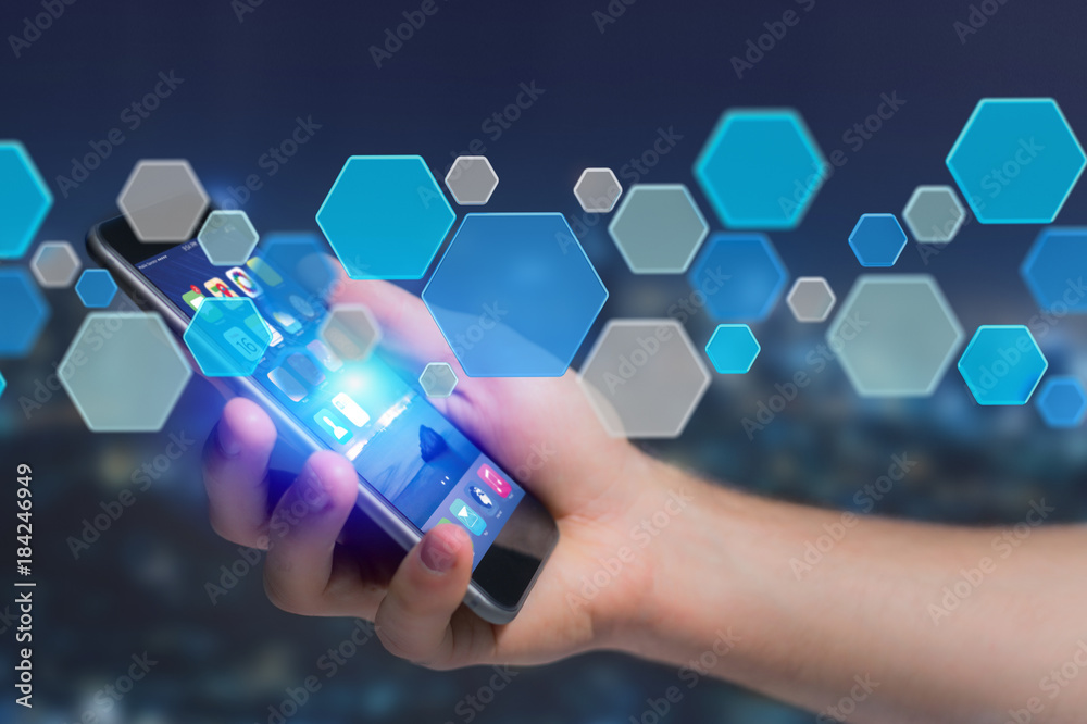 Poster 3d render empty aplication made of blue hexa button displayed on a futuristic interface