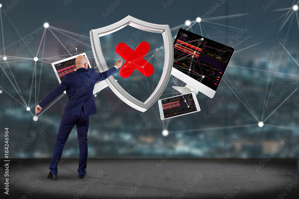 Poster hacked shield symbol surrounded by devices and network displayed on a futuristic interface