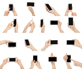 Obraz na płótnie Canvas White female hands with smartphone