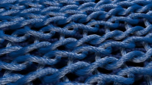 An original 3d rendering of folk knitted material strands with oval knots linked with each other.The blue strands are placed on the black background. The tissue moves in a wavy way.
