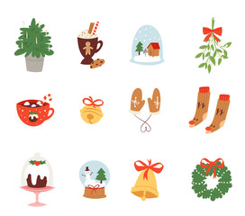 Christmas icons symbols vector for New Year celebration decoration illustration of Xmas festive ornament symbols.