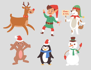 Christmas vector characters cute cartoon Reindeer, Xmas rabbit, Santa dog New Year symbol, elf child boy and penguin individual characteristics illustration