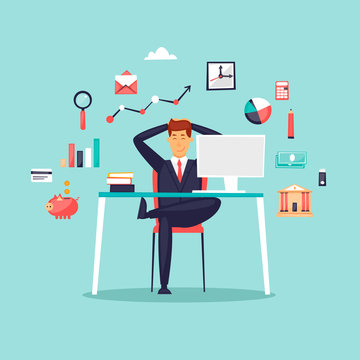 Happy businessman sitting at computer, icon set. Flat design vector illustration.