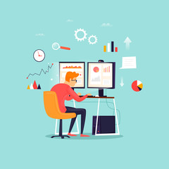 Data analysis, businessman working at computer, office, workplace. Flat design vector illustration.