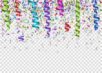 Realistic colorful  hanging serpentine and falling sparkling  confetti.