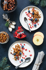 Homemade granola, blueberries pomegranate seeds and yogurt. Table top view of healthy Christmas breakfast. Dieting, healthy eating concept