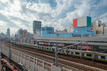 Obraz premium Japan train Railroad tracks in urban,Tokyo Japan