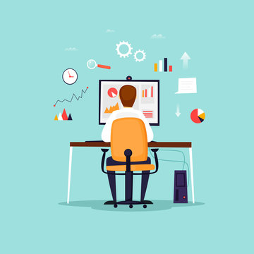 Data analysis, businessman working at computer, office, workplace. Flat design vector illustration.