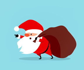 Funny Santa Claus drags a huge bag with gifts. Christmas vector illustration is suitable for New Year's corporate design, advertising, banners, flyers, flyers