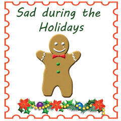 sad gingerbread man on white background with holly 