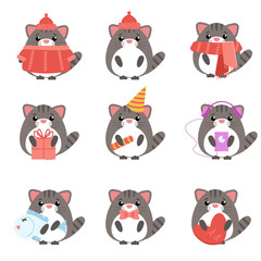 Vector set cats in warm clothes with different subjects: fish, hat, scarf, gift, heart, bow. Cartoon cute illustration