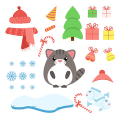 Vector set of cat with xmas staff: lollipop, gifts, tree, iceberg, hat and scarf, fish and bells. Cartoon illustration