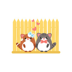 Vector illustration of gray cat couple in love on fence background. Romantic design elements and heart symbols with animals in flat style for Valentine day
