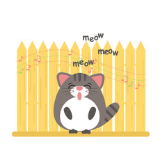 Cute gray cat sing on fence background. Cartoon vector illustration