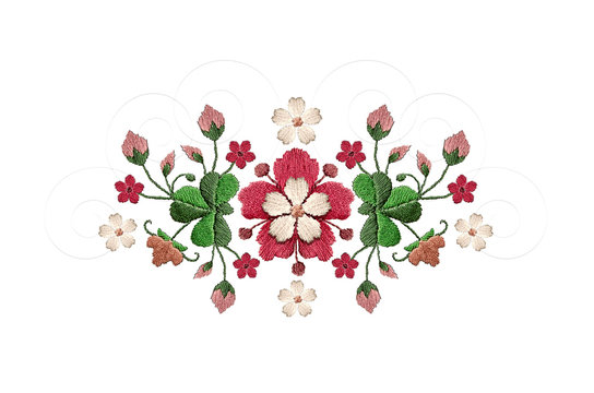 Embroidered pattern bouquet of red with white flowers and clover leaves on white background
