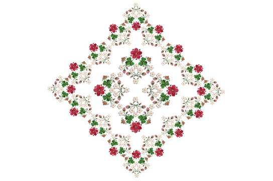 Square pattern for embroidery napkins with bouquets of flowers and clover leaves on white background



