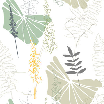 Floral botanical vector seamless pattern with hand drawn agrimony herb flowers  and tropical  leaves in pastel colors.