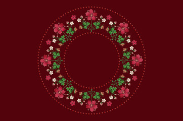 Oval frame of beads and ornament for embroidery of bouquets flowers and clover leaves on burgundy background

